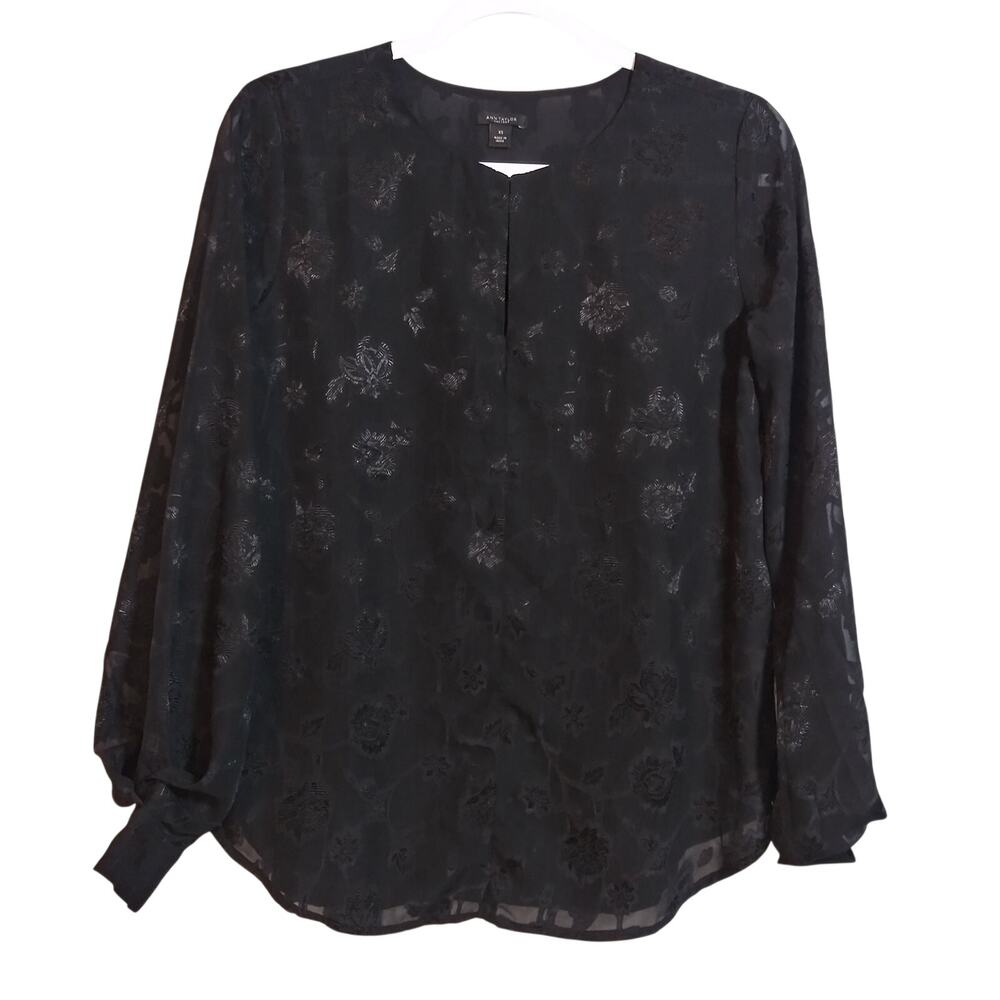 Ann Taylor Black Floral Print Blouse Neutral Size XS